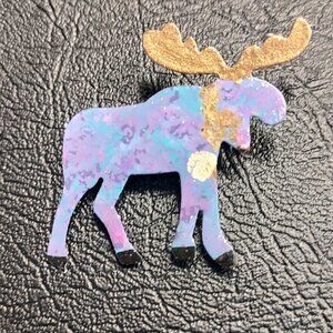 Glittery Metal Moose Brooch Pin Blue Purple